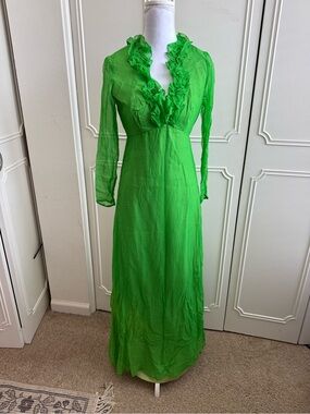 Vintage 70s Lorrie Deb San Francisco Green Ruffle Maxi Dress Sheer Sleeve